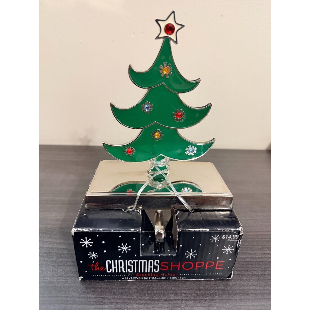 The Christmas Shoppe Green Christmas Tree Stocking Holder Jeweled Stones 2016